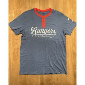 Texas Rangers T-Shirt New MLB '47 Brand short sleeve logo Henley Blue Mens M